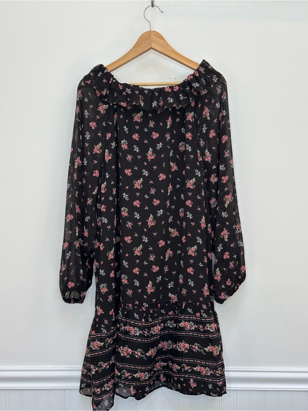 Old Navy X Anna Sui Chiffon Tiered Ruffle Mini Dress Size XXL Dark Floral Boho - Picture 9 of 14